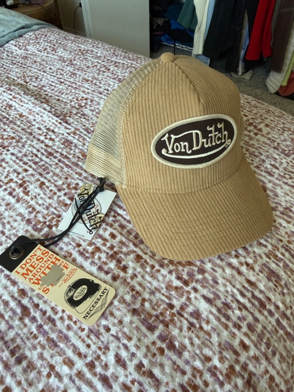 Von Dutch Tan Corduroy Mesh Back Trucker Hat NWT